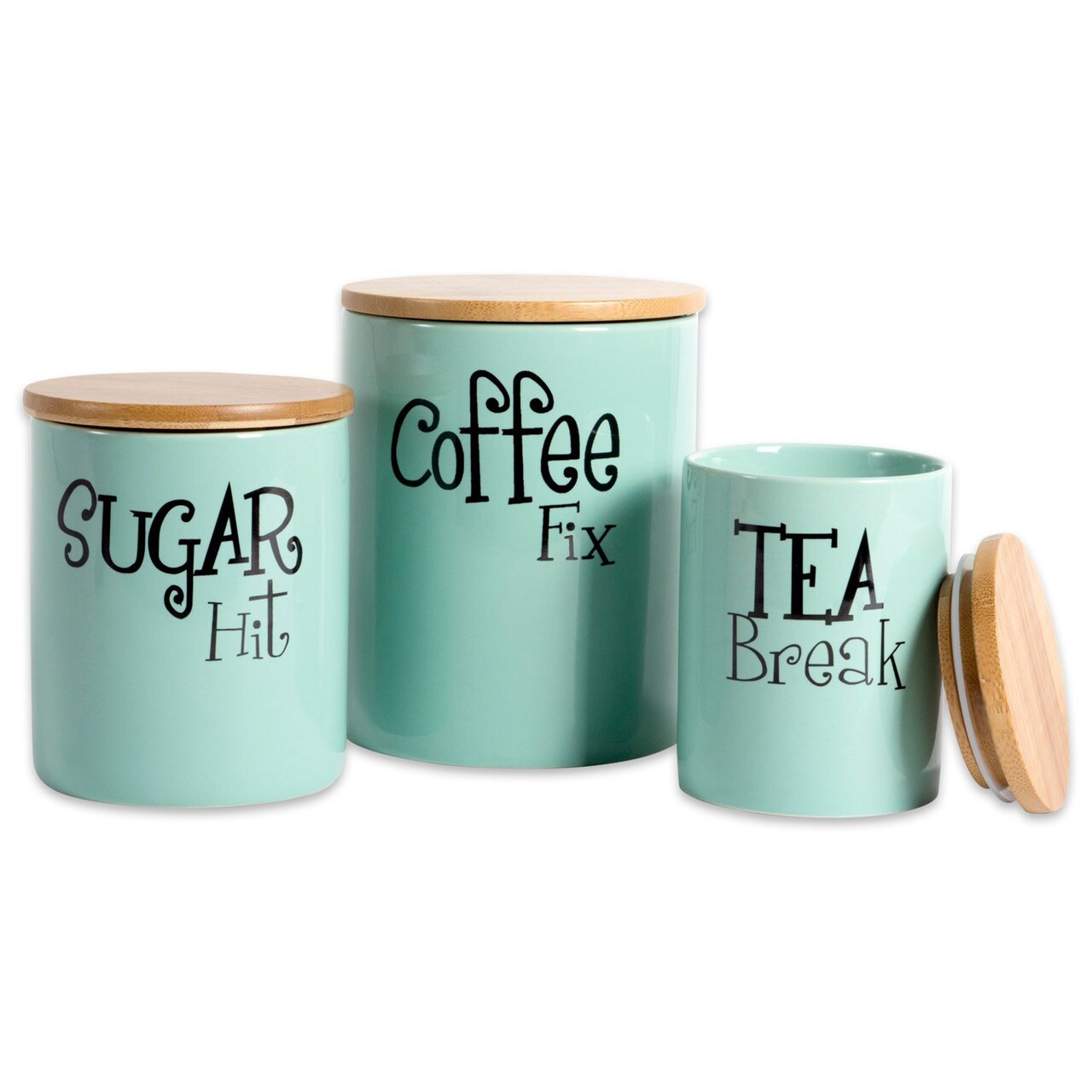 Contemporary Home Living Set of 3 Aqua Blue and Beige Coffee Sugar Tea Named Canisters 11.75"